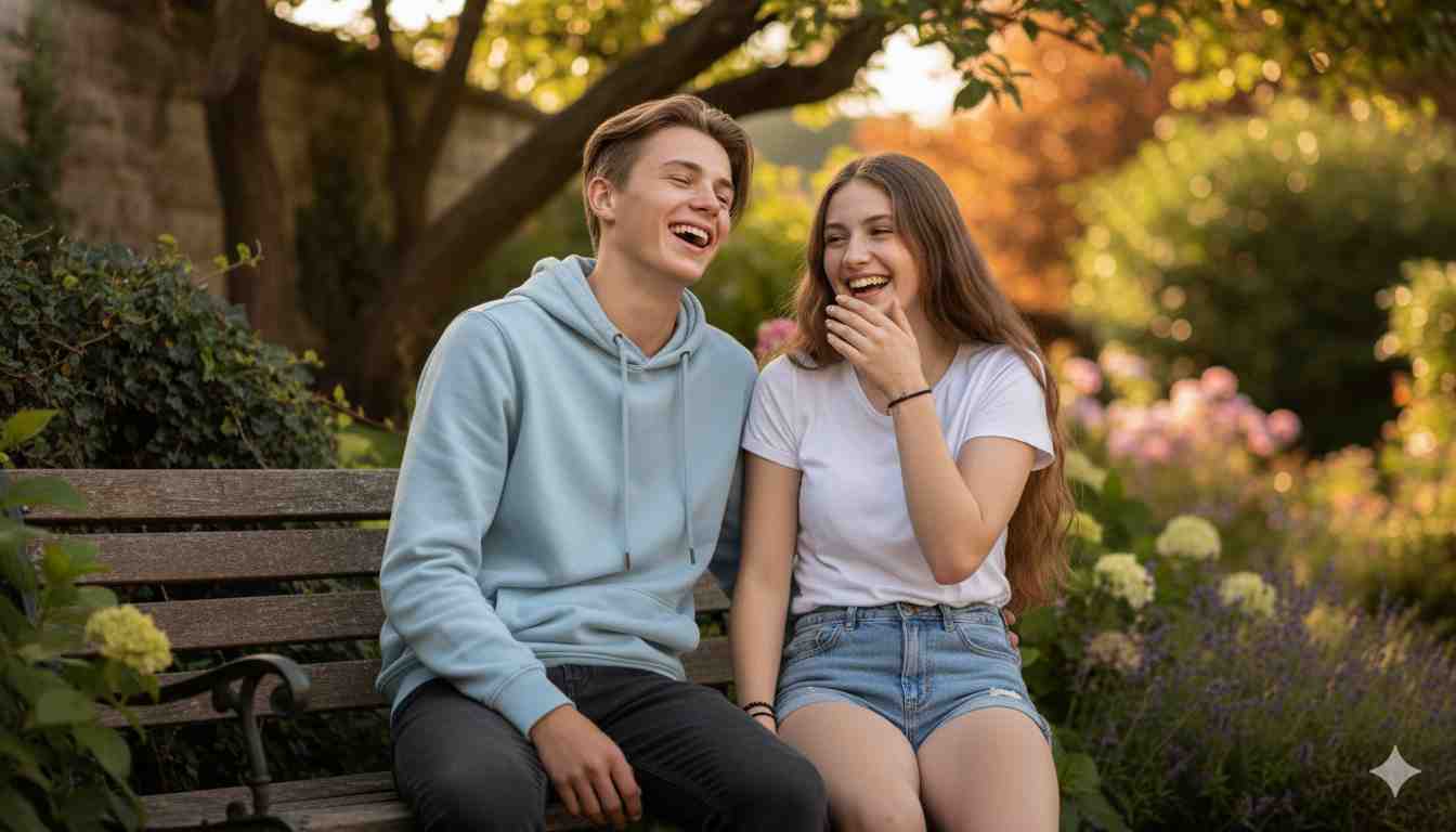 Happy boy and girl sitting together on a bench, laughing, best friends, casual clothes, outdoor daytime, candid moment